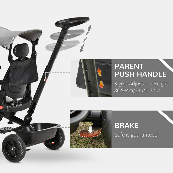 Qaba Kids Tricycle 4 In 1 Trike with Reversible Angle Adjustable Seat Removable Handle Canopy Handrail Belt Storage Footrest Brake Clutch for 1-5 Years Old Black