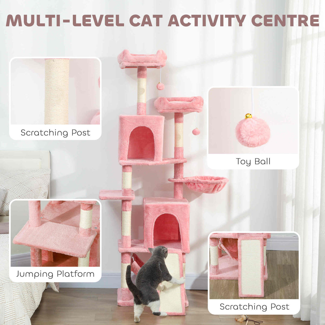PawHut Cat Tree, 70" Multi-Level Cat Tower with 2 Condos, 2 Perches, Hammock, Toy Balls, Scratching Posts and Board, Green