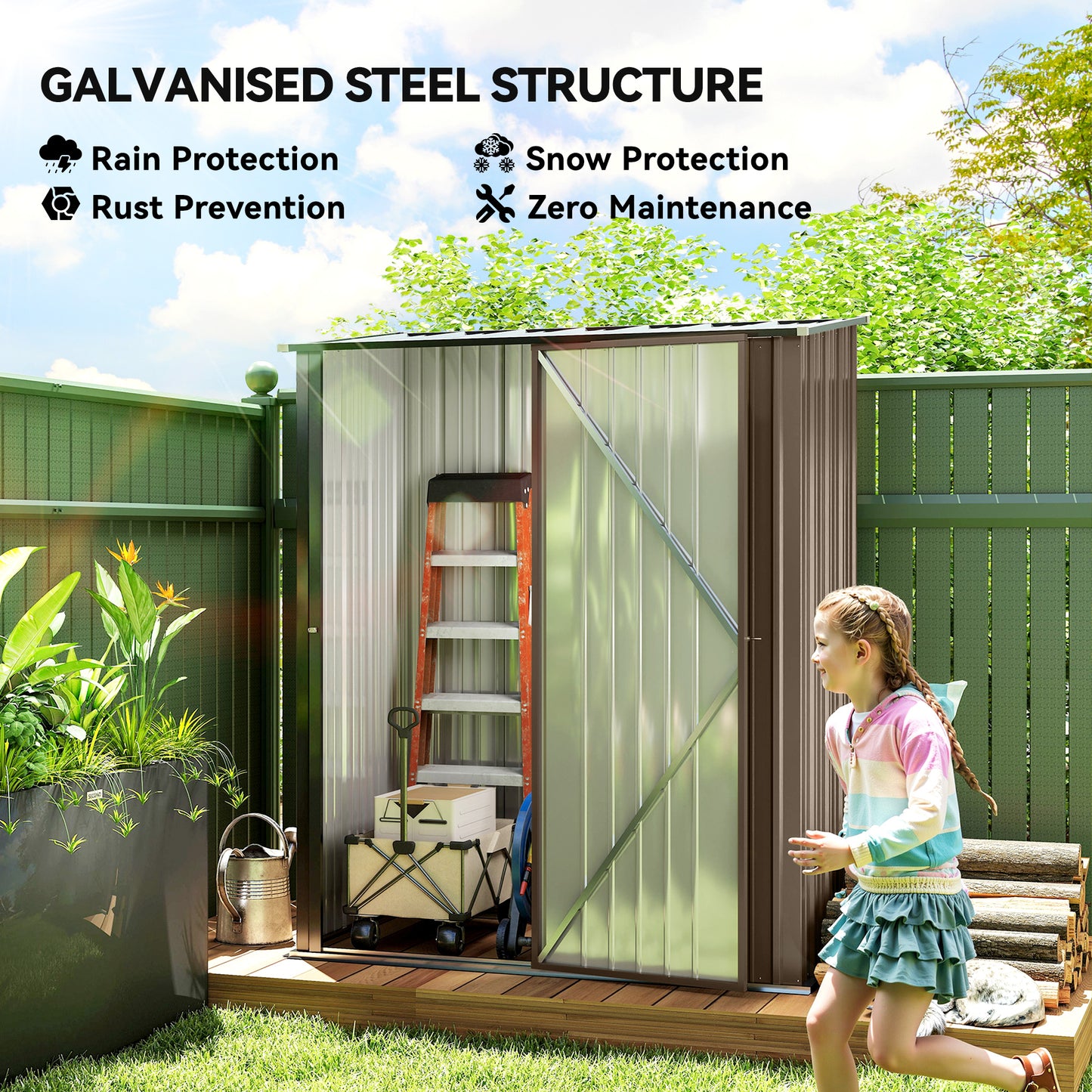 Outsunny 5' x 3' Outdoor Storage Shed, Steel Garden Shed with Single Lockable Door, Tool Storage Shed for Backyard, Brown