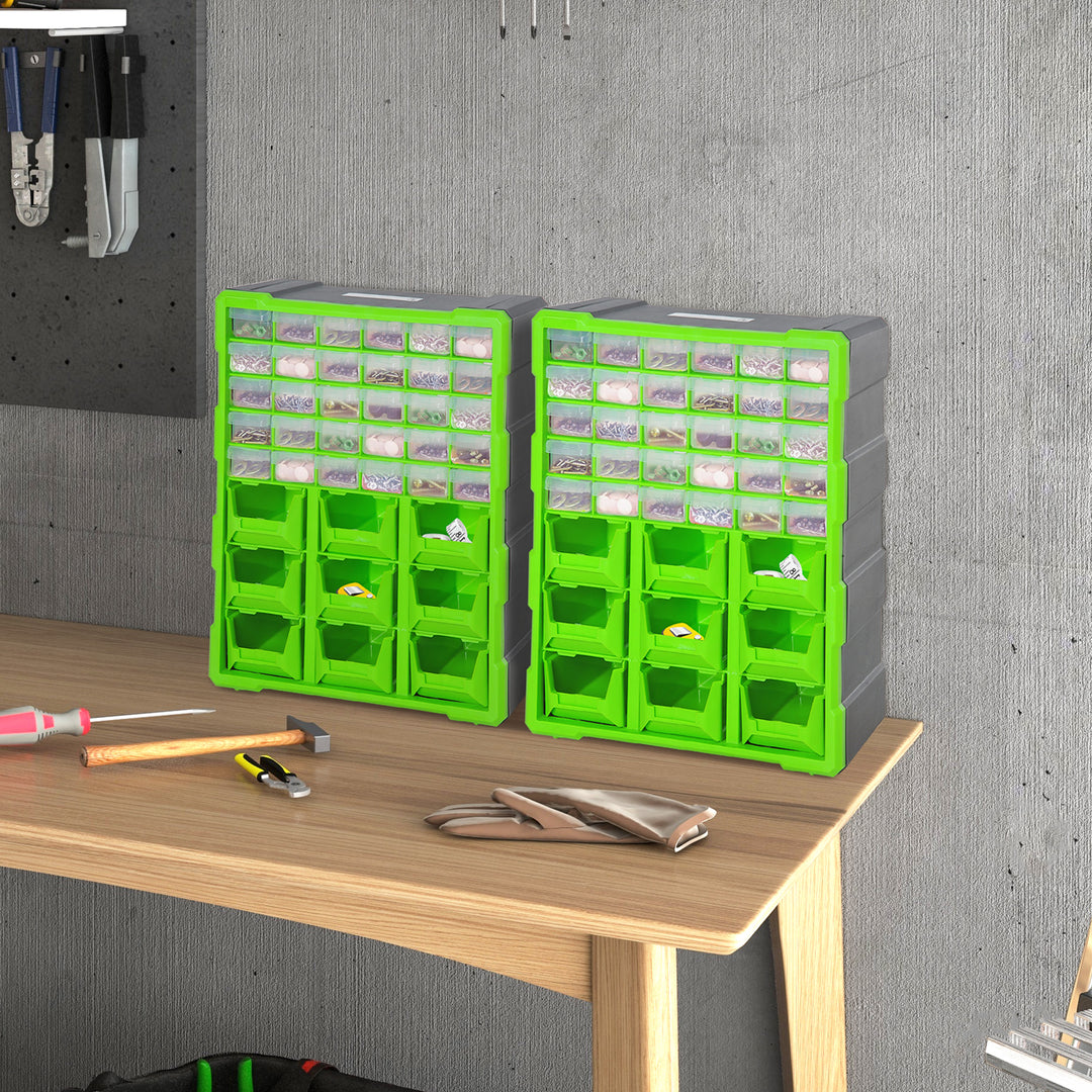 DURHAND Plastic 39 Drawer Parts Organiser Wall Mount Storage Cabinet for Small Nuts Bolts Tool Set of 2 Green