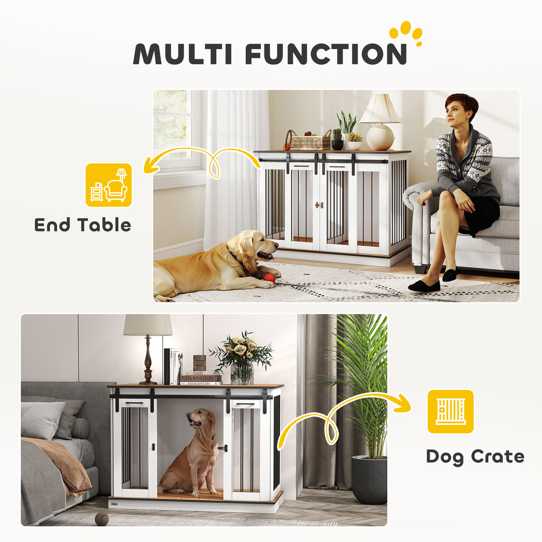 PawHut 47in Dog Crate Furniture with Divider Panel, Wooden Dog Kennel TV Stand for Large Dogs, Pet House Side Table for 2 Small Dogs with Two Rooms Design, 2 Sliding Doors, Oak