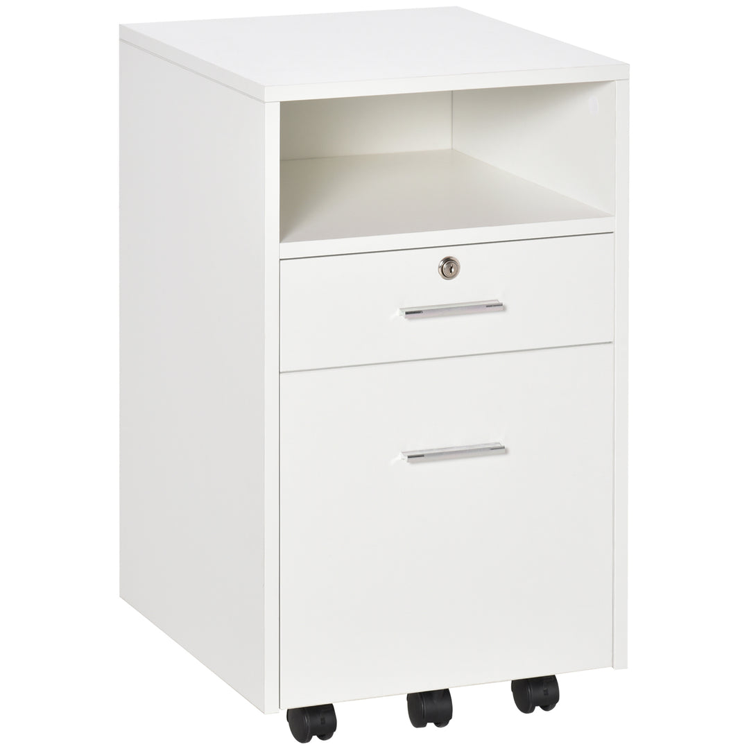 Vinsetto 2 Drawer Filing Cabinet with Lock, Vertical File Cabinet with Wheels, Mobile Office Cabinet for A4, Letter Size, White