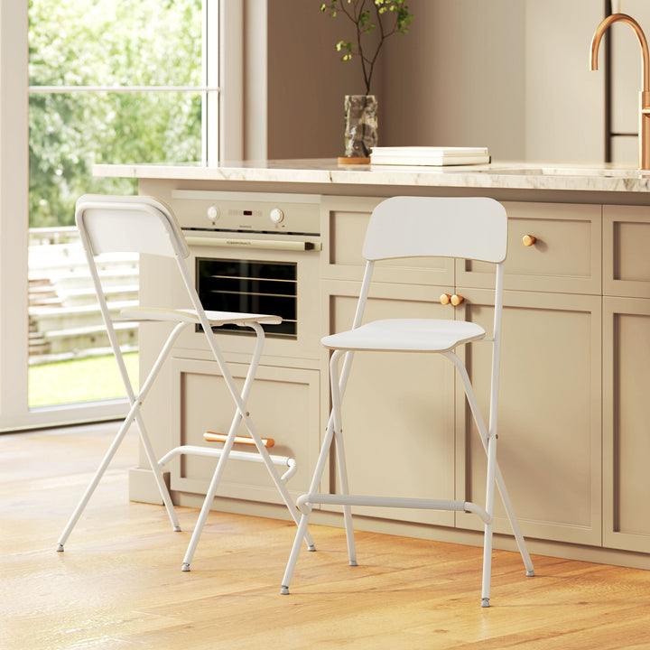 HOMCOM Folding Bar Stools Set of 2, Counter Height Foldable Stool with Wooden Effect Seat and Steel Frame for Kitchen, White
