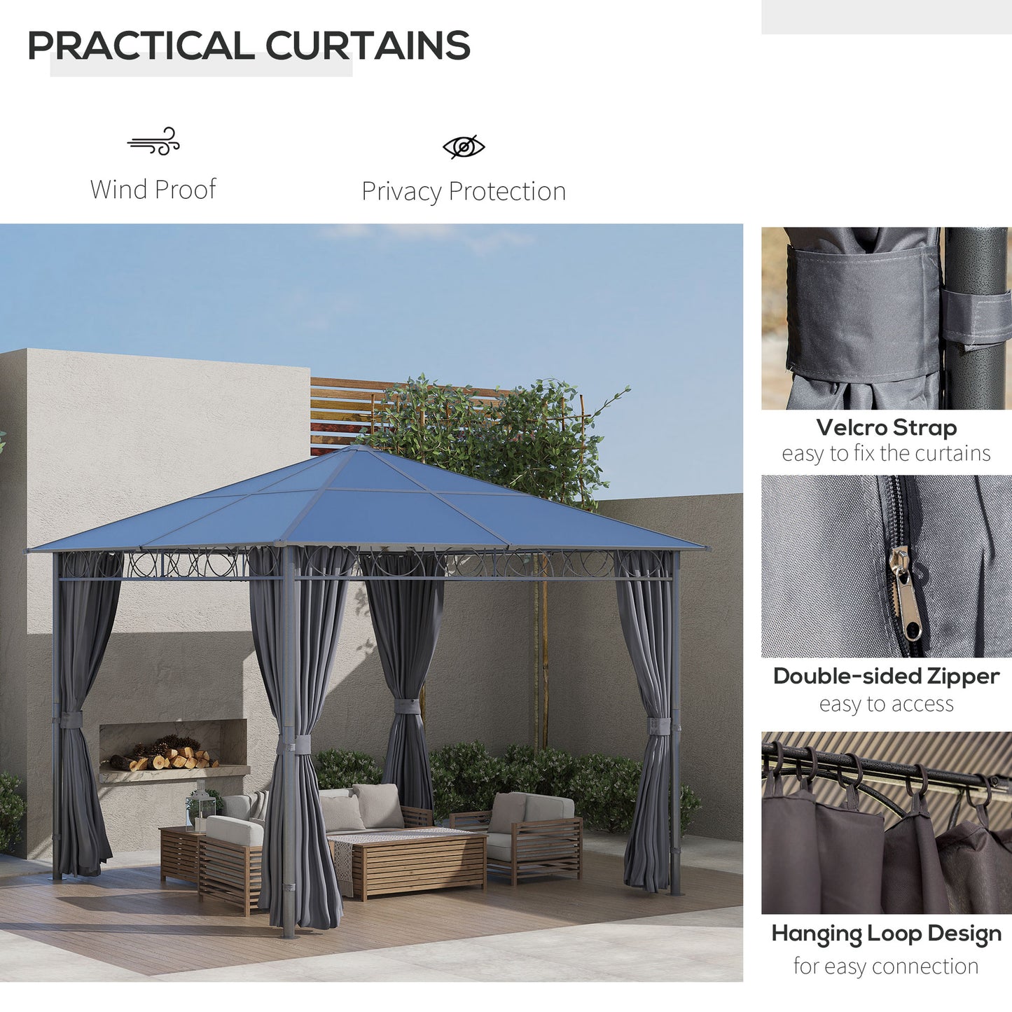 Outsunny 10' x 10' Polycarbonate Hardtop Gazebo Canopy, Outdoor Patio Gazebo with Aluminum Frame & Curtains, Dark Grey