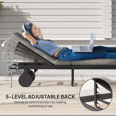 Outsunny PE Rattan Tanning Chair, Outdoor Patio Lounger with 5-Level Adjustable Back, Wheels and Cushion, Grey
