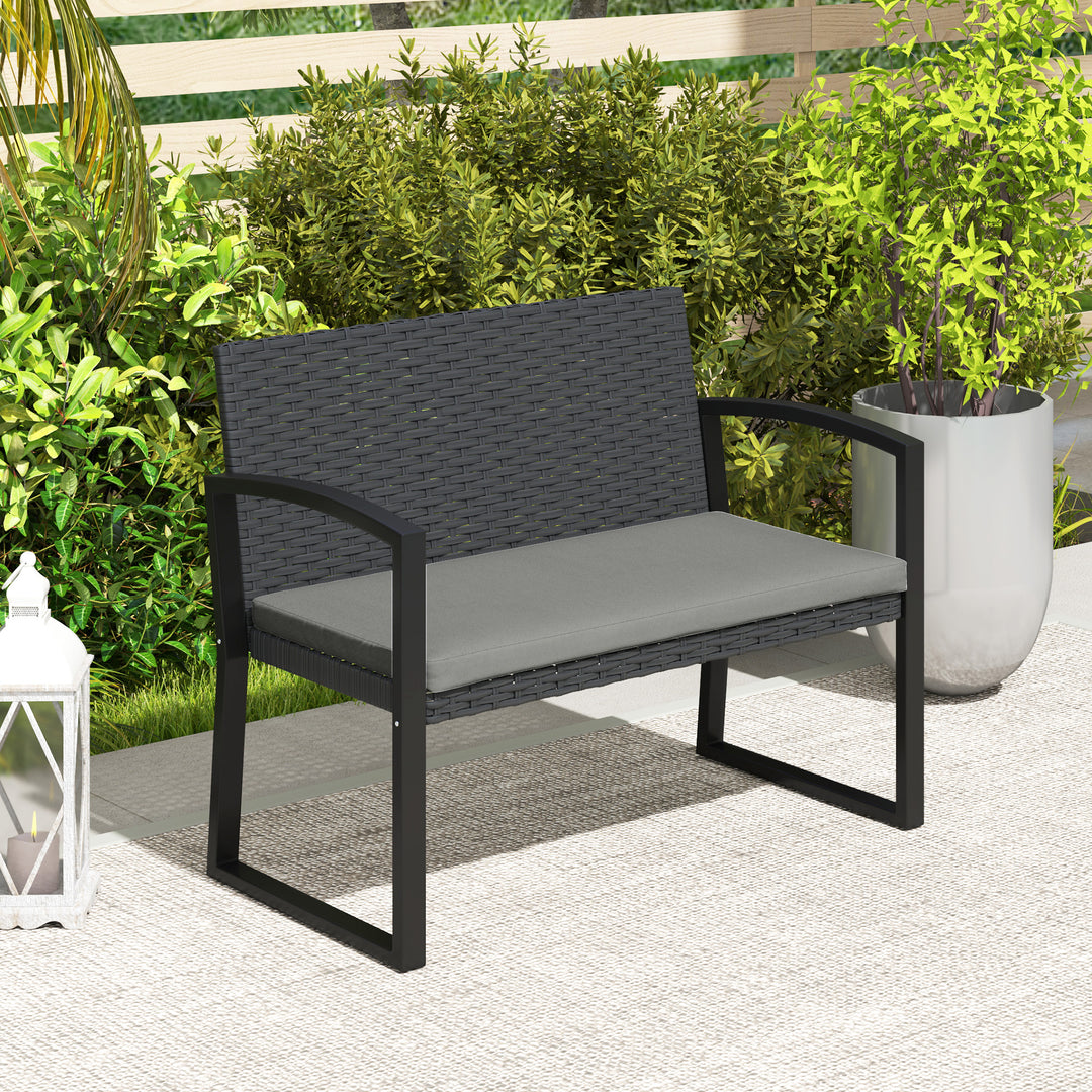 Outsunny 2 Seater Outdoor Bench, Rattan Garden Bench Loveseat with Cushion, Armrests, Steel Frame for Patio, Porch, Light Grey