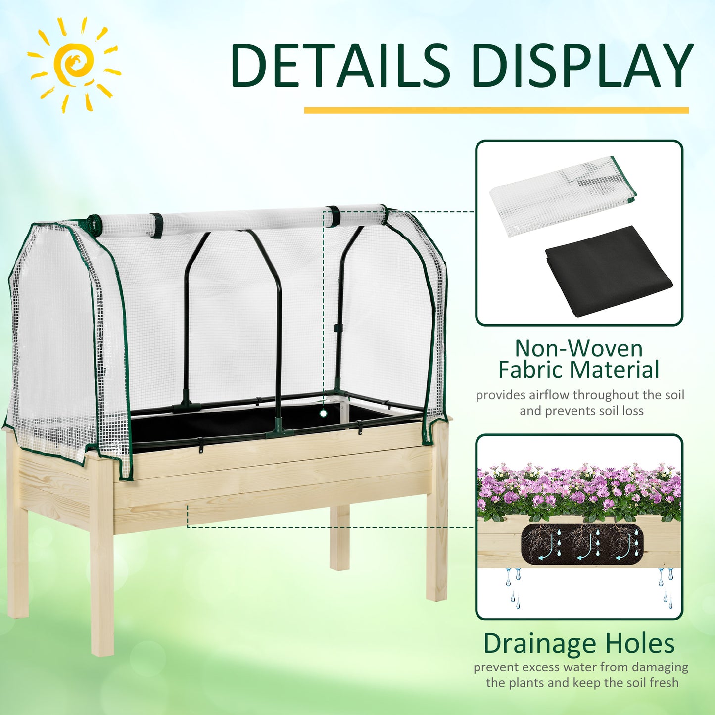 Outsunny Raised Garden Bed with PE Greenhouse Cover Outdoor Elevated Wood Planter Box for Herbs and Vegetables, Use for Patio, Backyard, Balcony, 48 x 22 x 46 inch, Natural