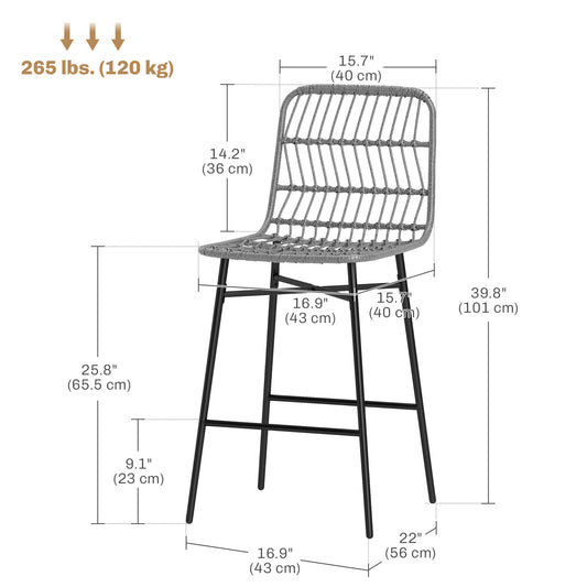 HOMCOM Rattan Counter Height Bar Stools Set of 2, 26" Counter Stools with Back, Modern Bar Chairs for Kitchen Island, Grey