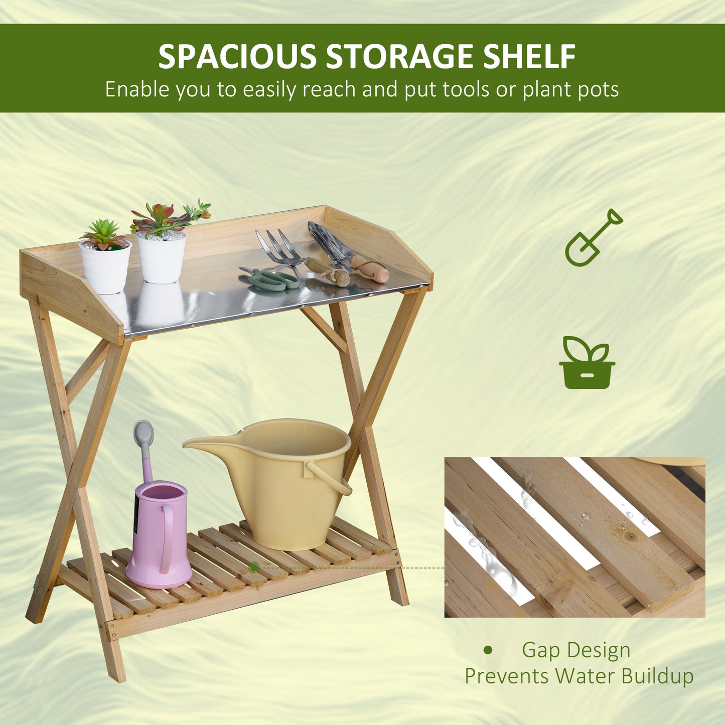 Outsunny Garden Potting Bench Table, Wooden Work Station, Outdoor Planting Workbench w/ Galvanized Metal Tabletop and Storage Shelf