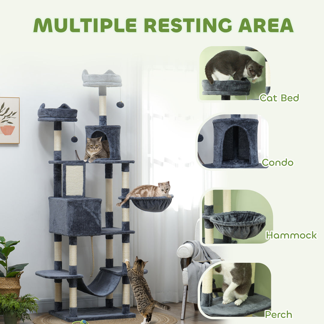 PawHut 81" Large Cat Tree w/ Scratching Posts, Condos, Beds, Hammocks, Jumping Platforms, Toy Balls, Rope Cat Toy, Dark Grey