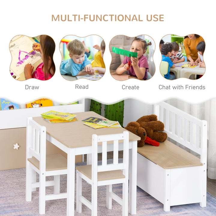 Qaba 4-Piece Set Kids Wood Table Chair Bench with Storage Function Gift for Toddlers