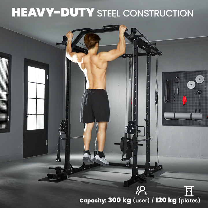 Soozier Multi-Functional Power Rack, Smith Machine Cable Crossover System with Pull Up Bar, Lat-Pull Down System, Landmine