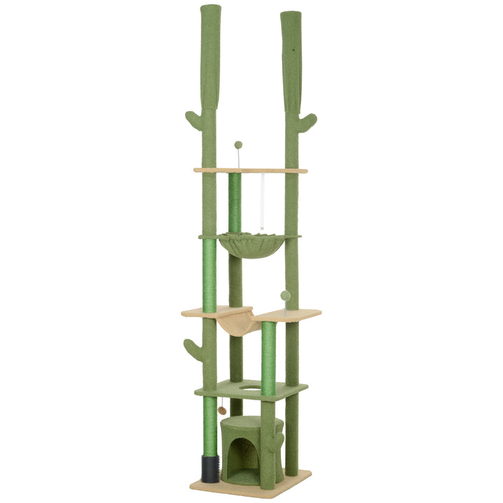 PawHut 89"-100" Floor to Ceiling Cat Tree Cat Tower for Large Cats w/ Scratching Posts, Grooming Brush Post, Cat Condo, Green