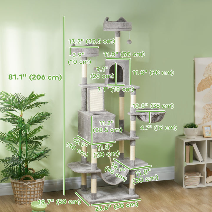 PawHut 81" Large Cat Tree w/ Scratching Posts, Condos, Beds, Hammocks, Jumping Platforms, Toy Balls, Rope Cat Toy, Dark Grey