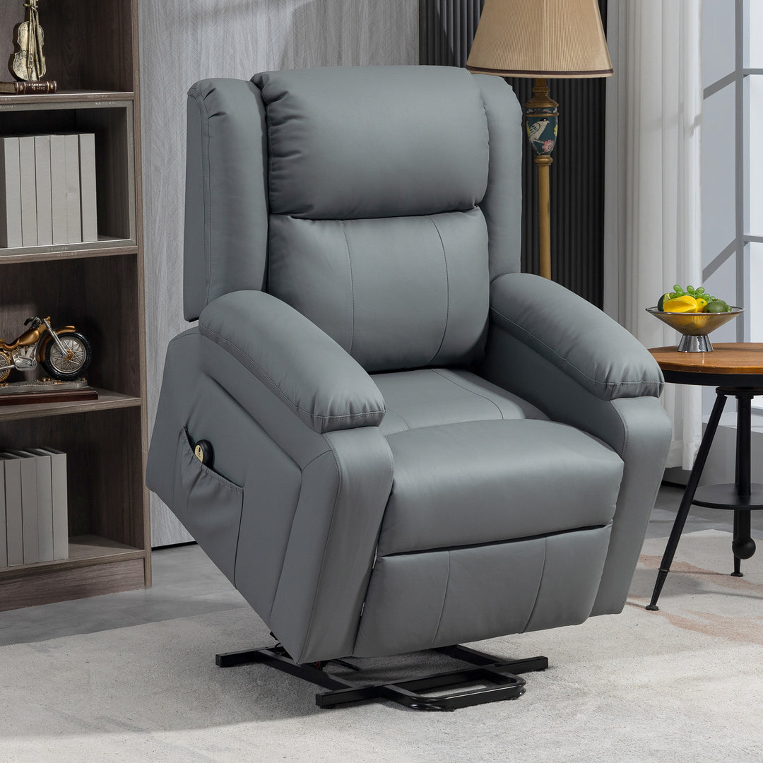 HOMCOM Lift Chair for Seniors, PU Leather Upholstered Electric Recliner Chair with Remote, Side Pockets, Quick Assembly, Grey