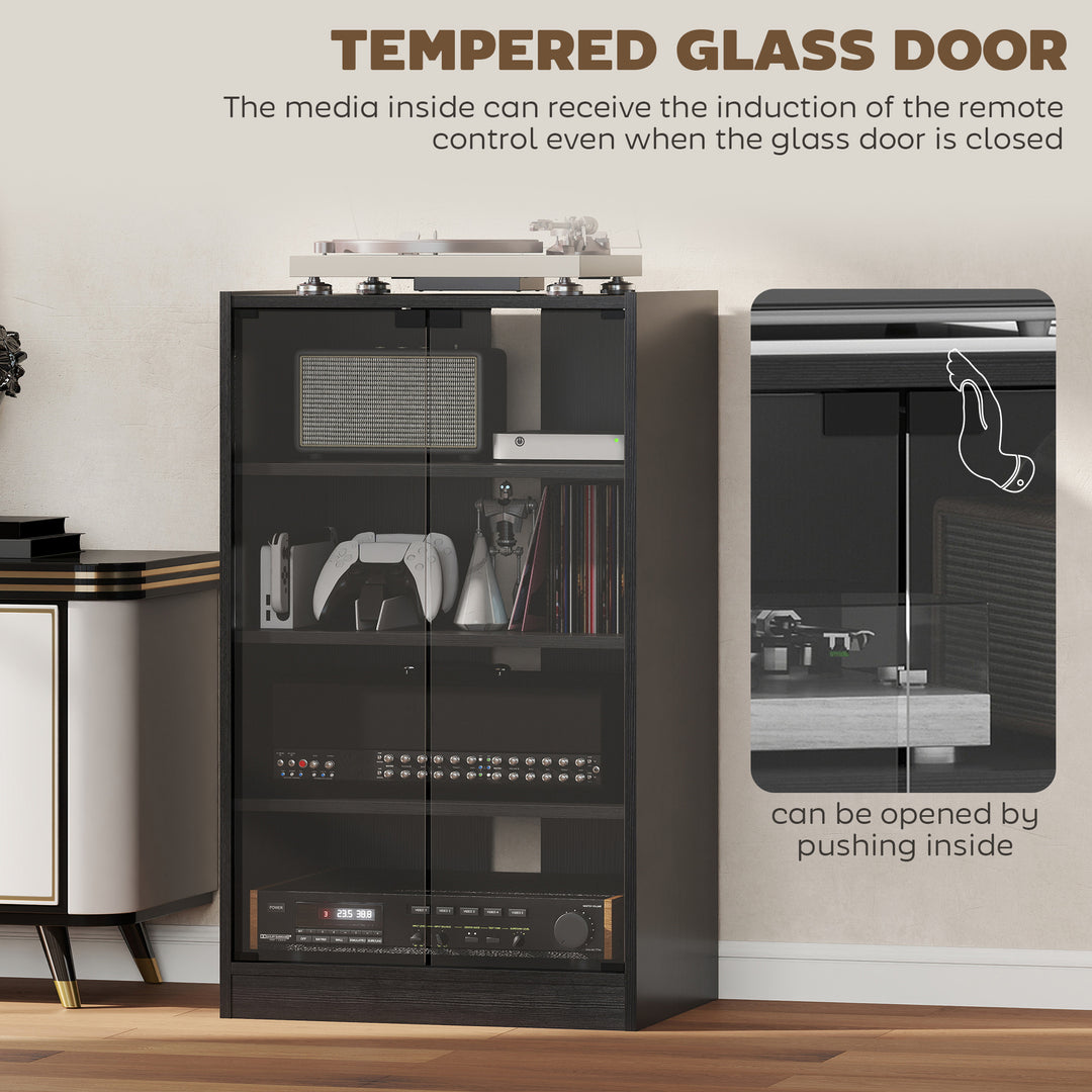 HOMCOM 5-Tier AV Media Stand with Push to Open Glass Doors, Audio-Video Storage Cabinet with Adjustable Shelves for DVD Players, Games Consoles, Routers, Distressed Black