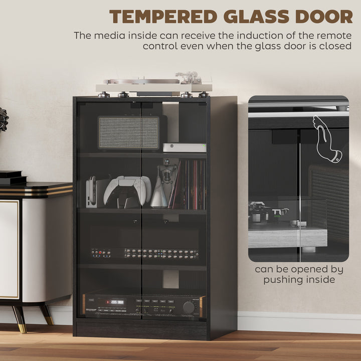 HOMCOM 5-Tier AV Media Stand with Push to Open Glass Doors, Audio-Video Storage Cabinet with Adjustable Shelves for DVD Players, Games Consoles, Routers, Distressed Black