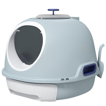 PawHut Cat Litter Box Toilet with Lid, Covered Litter Box with Scoop, Enclosed Drawer and Skylight, Blue