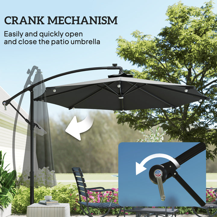 Outsunny 8.8FT Cantilever Patio Umbrella with Solar Powered LED Lights, Crank Handle, Cross Base for Outdoor Sun Shade, Grey