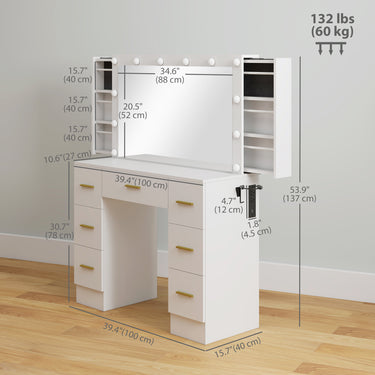 HOMCOM Makeup Vanity Table with Lights, Dressing Table with 7 Drawers, 6 Hidden Sliding Storage Compartments, White