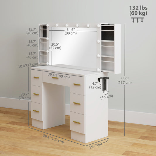 HOMCOM Makeup Vanity Desk with Mirror and Lights, Dressing Table with 7 Drawers, 6 Hidden Sliding Storage Compartments, White