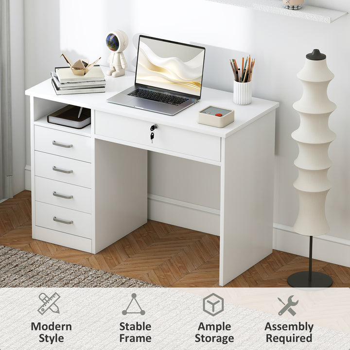 Vinsetto Home Office Desk with Storage, Computer Desk with Lockable Drawer and Open Compartment, White