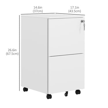 Vinsetto Vertical Steel Filing Cabinet on Wheels, 2-Drawer Lockable File Cabinet with Adjustable Hanging Bar for A4, Legal and Letter Size, White