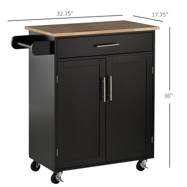 HOMCOM Rolling Kitchen Island Cart with Wood Top, Enough Storage Drawer Space with Towel Bar Rack Shelves, Portable Kitchen Utility Serving Cart Trolley on Wheels, Black