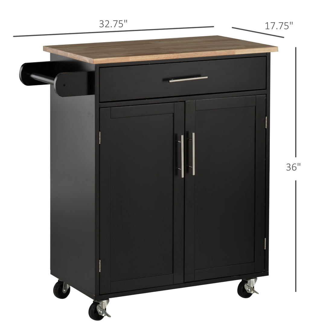 HOMCOM Rolling Kitchen Island Cart with Wood Top, Enough Storage Drawer Space with Towel Bar Rack Shelves, Portable Kitchen Utility Serving Cart Trolley on Wheels, Black