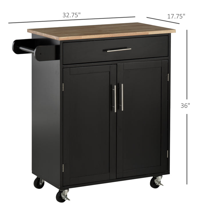 HOMCOM Rolling Kitchen Island Cart with Wood Top, Enough Storage Drawer Space with Towel Bar Rack Shelves, Portable Kitchen Utility Serving Cart Trolley on Wheels, Black