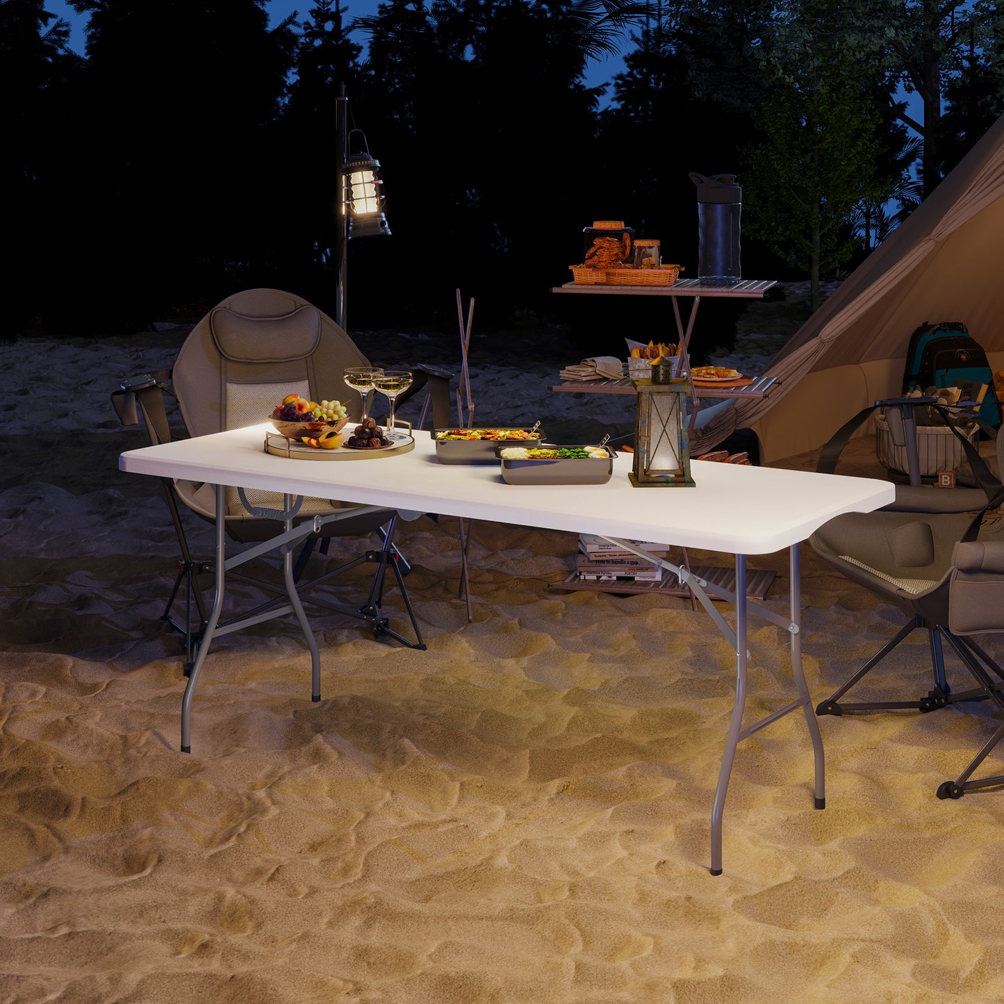 Outsunny 6ft Folding Table, Portable Plastic Camping Table with Carrying Handle, Outdoor Indoor Picnic Table for Party, BBQ