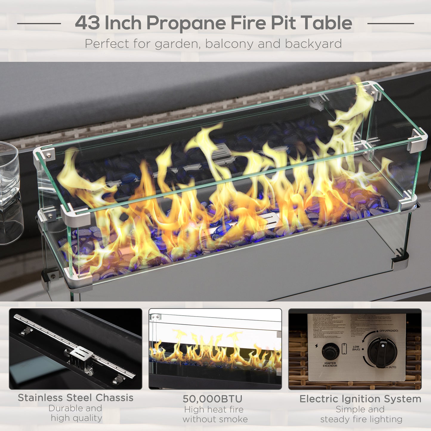 Outsunny Propane Fire Pit Table 43in Outdoor Fire Table, 50,000 BTU Pulse-Ignition Wicker Firepit Furniture with Glass Wind Guard, Blue Glass Rock, CSA Certification, Black