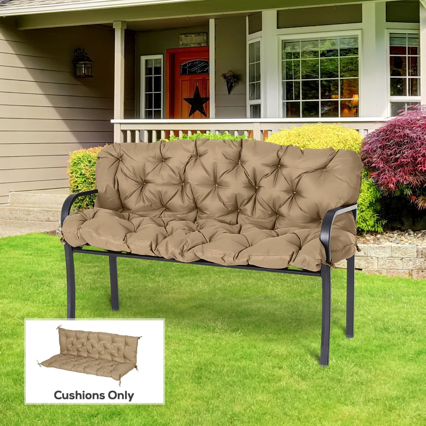 Outsunny Porch Swing Cushion Garden Bench Cushion with Backrest, Non-Slip 3-Seater Thick Pad, Swing Chair Mat Replacement for Indoor and Outdoor, 59.1" x 38.6", Khaki
