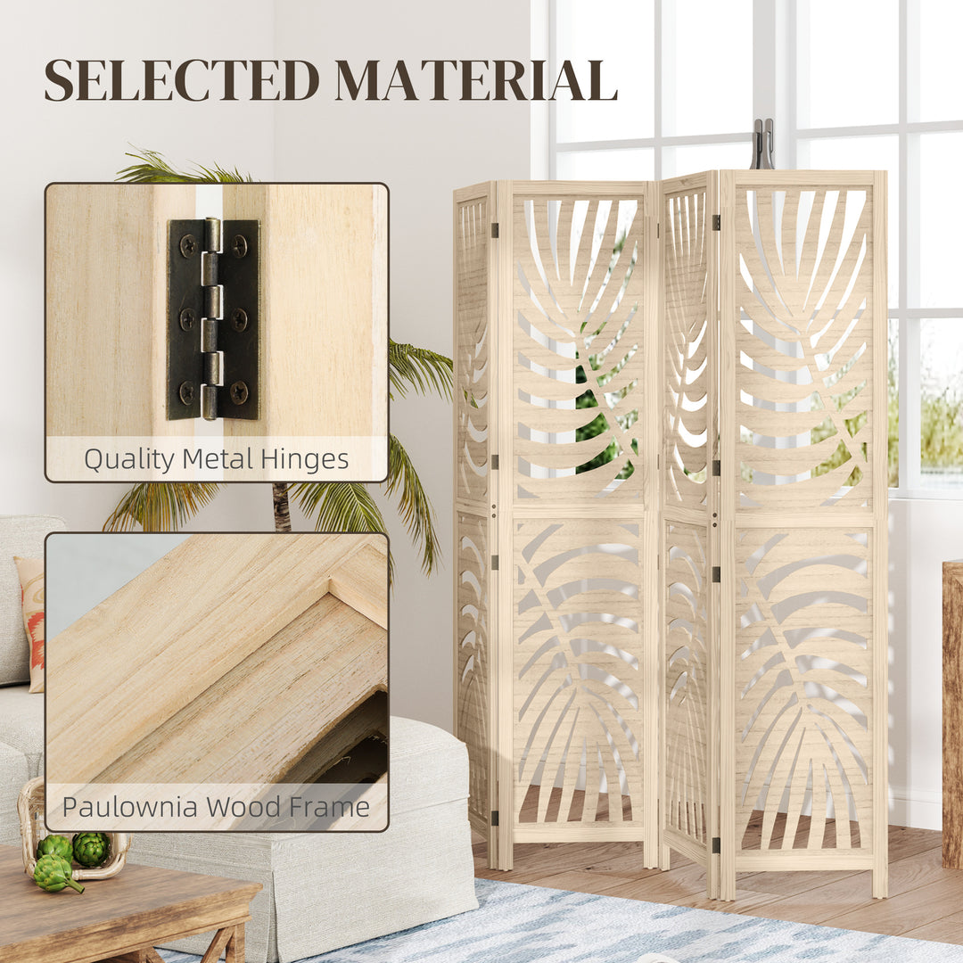 HOMCOM 4 Panel Room Divider, Detachable Folding Privacy Screens with Palm Leaf Design for Home Office, Natural Wood Finish