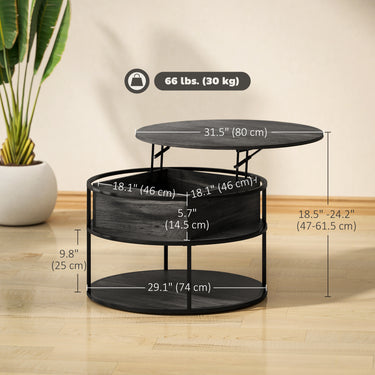 HOMCOM Lift Top Coffee Table, Round Coffee Table with Storage Shelf, Hidden Compartment and Steel Frame, Distressed Dark Grey