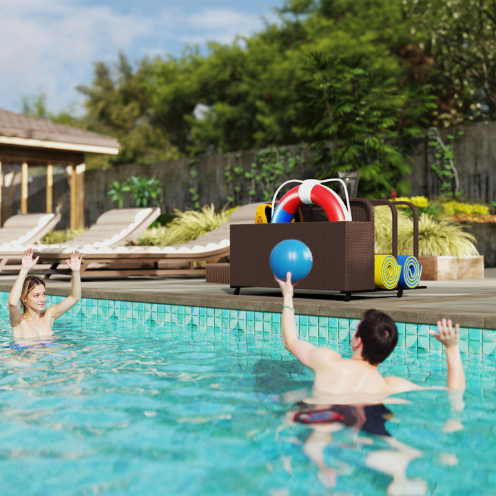 Outsunny Rolling Pool Storage Rattan Patio Furniture Outdoor Storage Wicker Organizer for Floats, Paddles, Balls, Towels, Brown