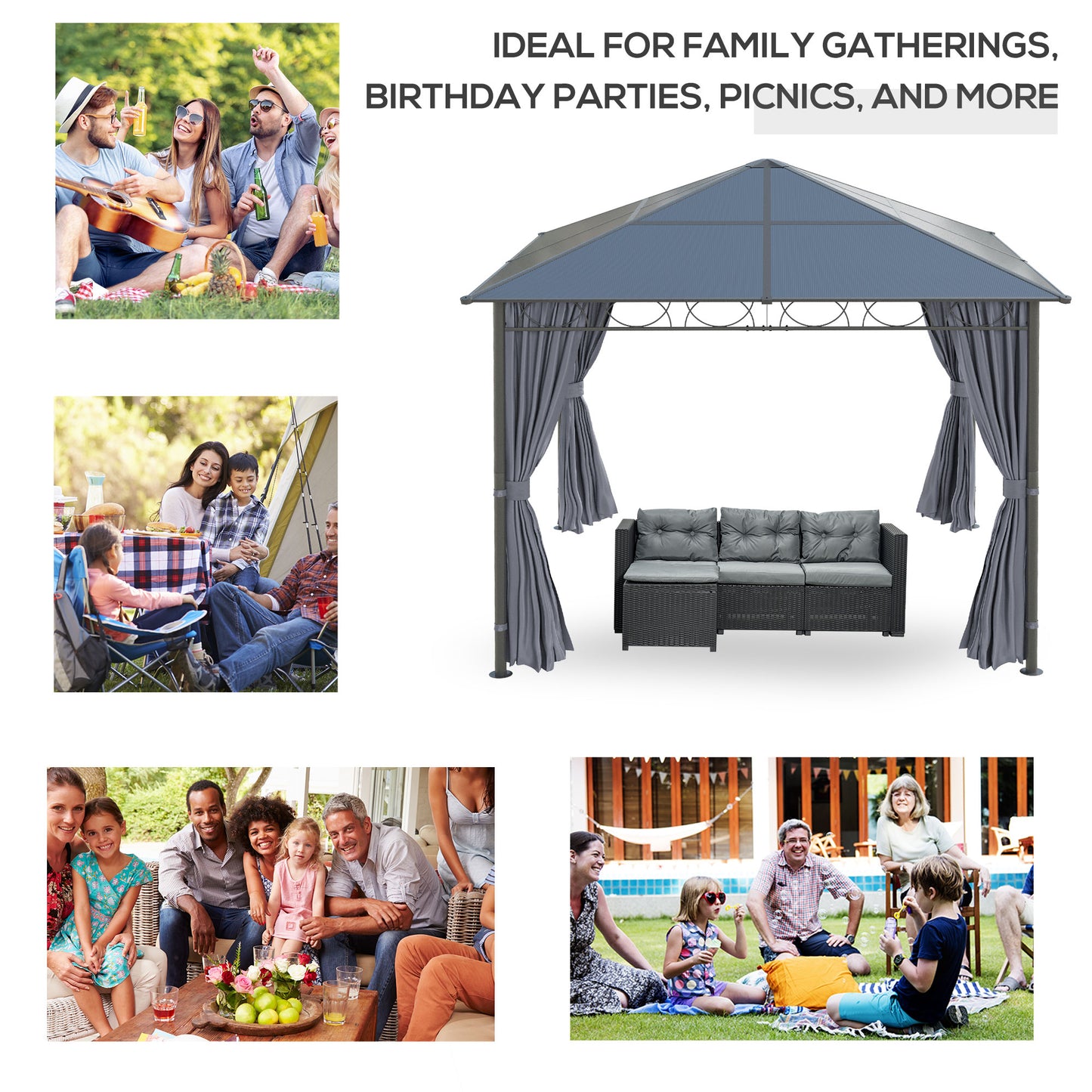 Outsunny 10' x 10' Polycarbonate Hardtop Gazebo Canopy, Outdoor Patio Gazebo with Aluminum Frame & Curtains, Dark Grey