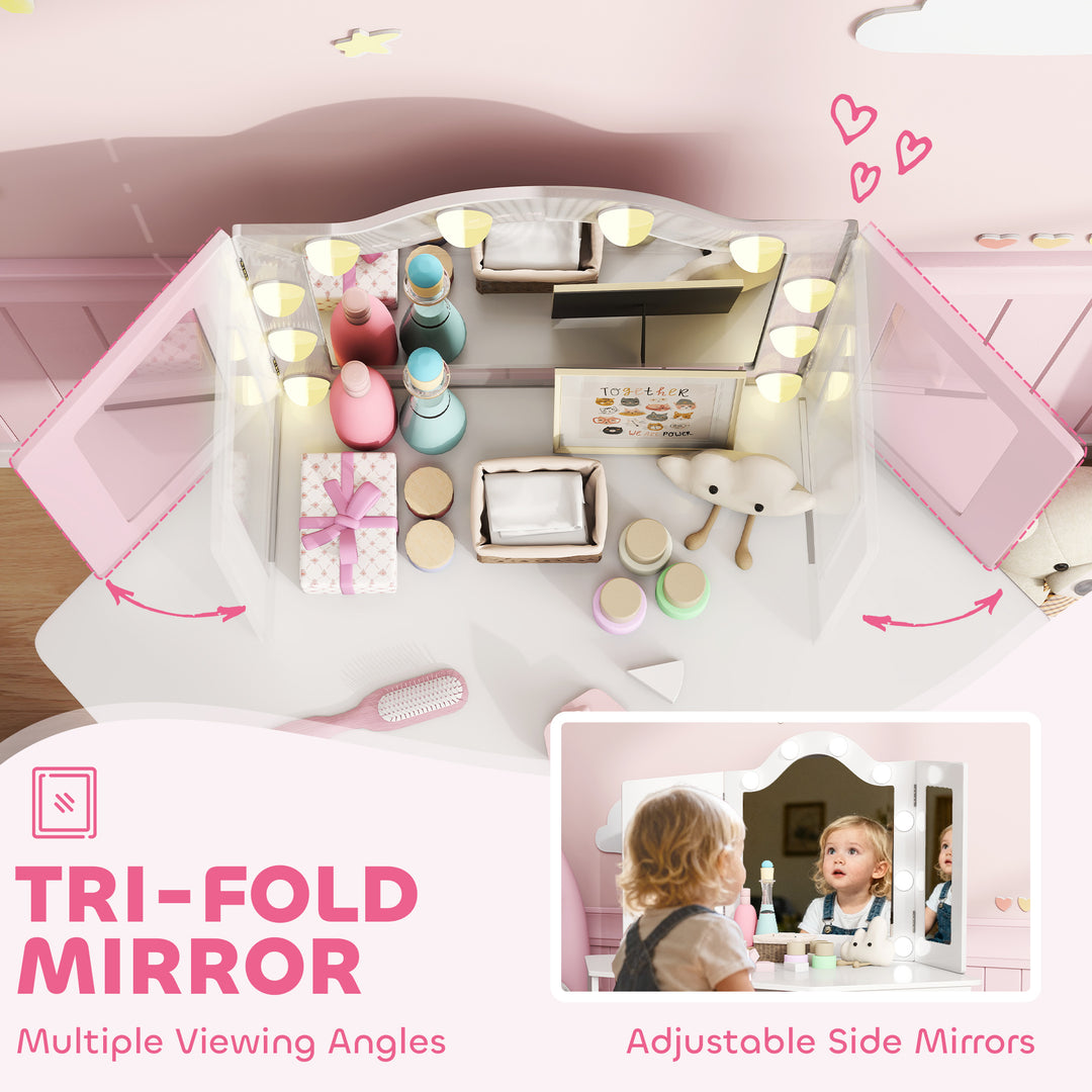 Qaba Kids Vanity Table and Chair Set with Lights, Makeup Dressing Table with Tri-Fold Mirror for Ages 3-8 Years, White