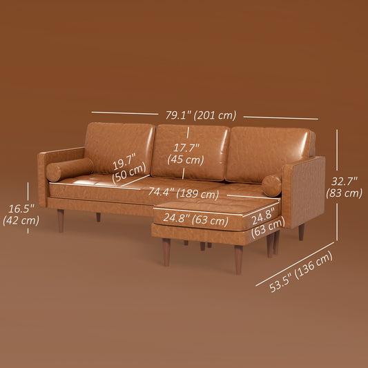 HOMCOM Faux Leather Sectional Sofa Couch L-Shaped Corner Sofa Set with Footstool and 2 Bolster Pillows, Brown