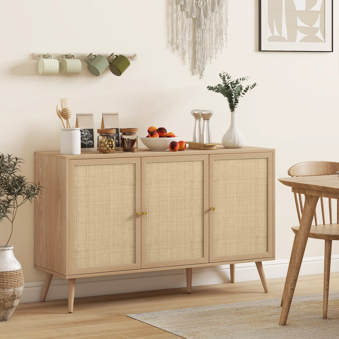 HOMCOM Kitchen Sideboard Cabinet, Boho Storage Cabinet with Shelves, Wood Legs, Decorative Rattan Doors, Natural
