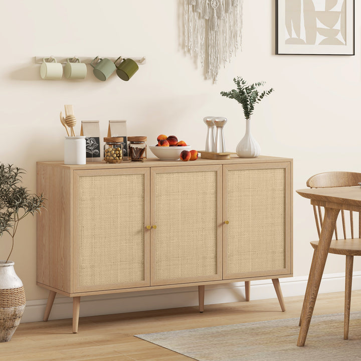 HOMCOM Kitchen Sideboard Cabinet, Boho Storage Cabinet with Shelves, Wood Legs, Decorative Rattan Doors, Natural
