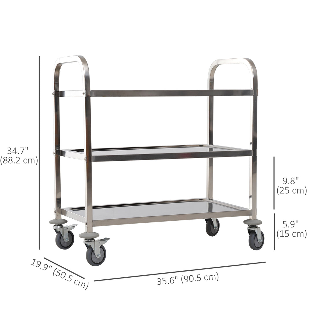 HOMCOM 33" 3-Tier Kitchen Trolley Medical Treatment Laboratory Equipment Carts, Stainless Steel Rolling Kitchen Island, Wheeled Storage Utility Serving Cart, 330LBS Heavy Gauge