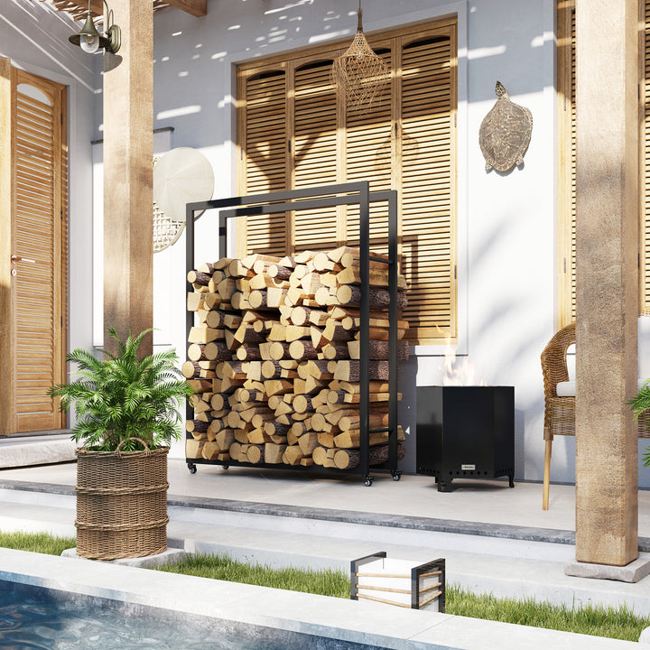 Outsunny Outdoor Firewood Rack with Wheels Heavy Duty Steel Wood Log Storage Stacker for Fireplace, Black