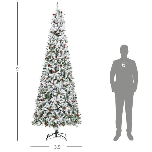 HOMCOM 9-foot Pencil Snow Flocked Artificial Christmas Tree with 1350 Pine Realistic Branches, Pine Cones, Red Berries, Auto Open, Green