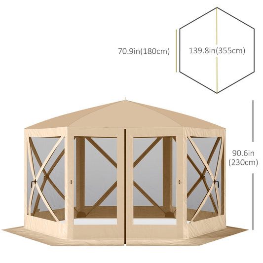 Outsunny 12' x 12' Hexagon Automatic Pop Up Screen Tents Camping Shelter Picnic Canopy Outdoor Sun Shade w/ Mesh Sidewalls and Carry Bag Beige