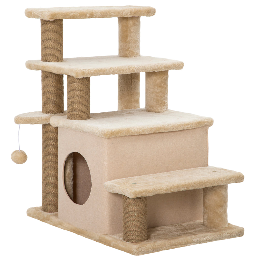 PawHut Cat Stairs Pet Steps for Couch Bed with Scratching Posts Condo Ball Toy, 23.6" x 15.7" x 26", Grey