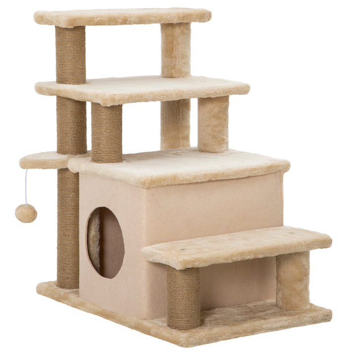 PawHut Cat Stairs Pet Steps for Couch Bed with Scratching Posts Condo Ball Toy, 23.6" x 15.7" x 26", Grey