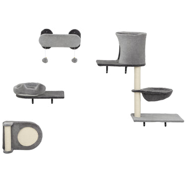 PawHut 4Pcs Cat Wall Shelves with Scratching Post & Pad, Condo, Hammock, Bed, Step, Hanging Pompoms, Perches