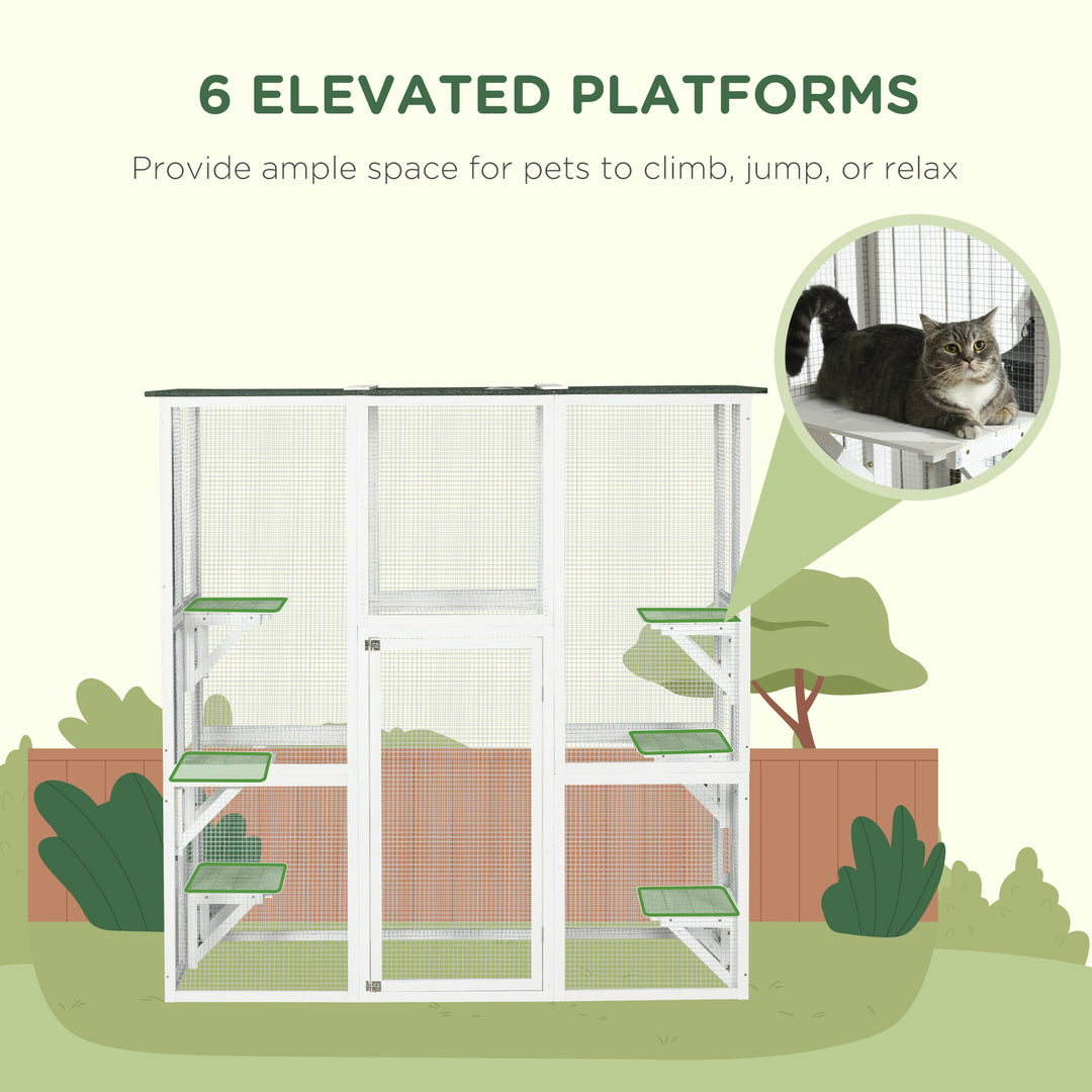 PawHut Large Outdoor Catio Enclosure, Weatherproof Cat House with Asphalt Roof,  Wooden Cat Patio Cage with 6 Balanced Platforms, 71" x 39" x 71", Grey