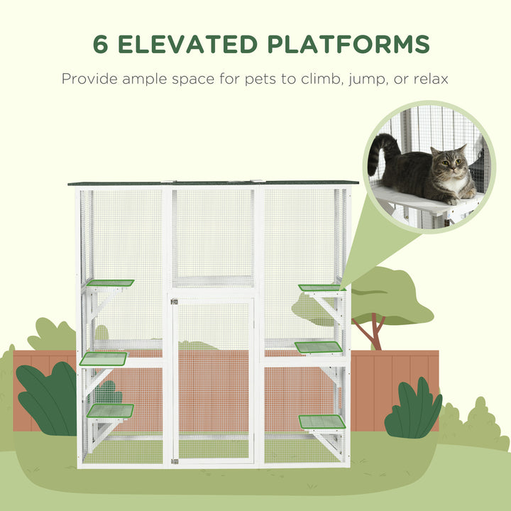 PawHut Large Outdoor Catio Enclosure, Weatherproof Cat House with Asphalt Roof,  Wooden Cat Patio Cage with 6 Balanced Platforms, 71" x 39" x 71", Grey